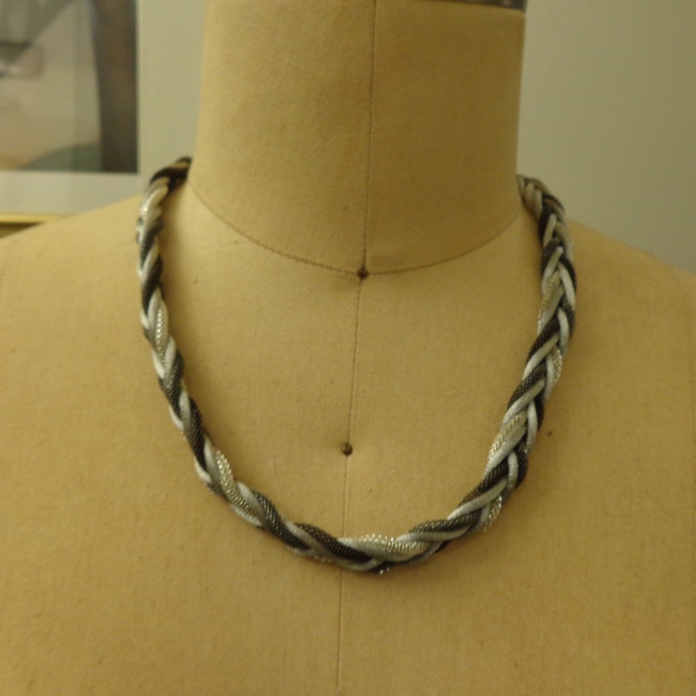 Silver and Black Braided Necklace and Earring Set